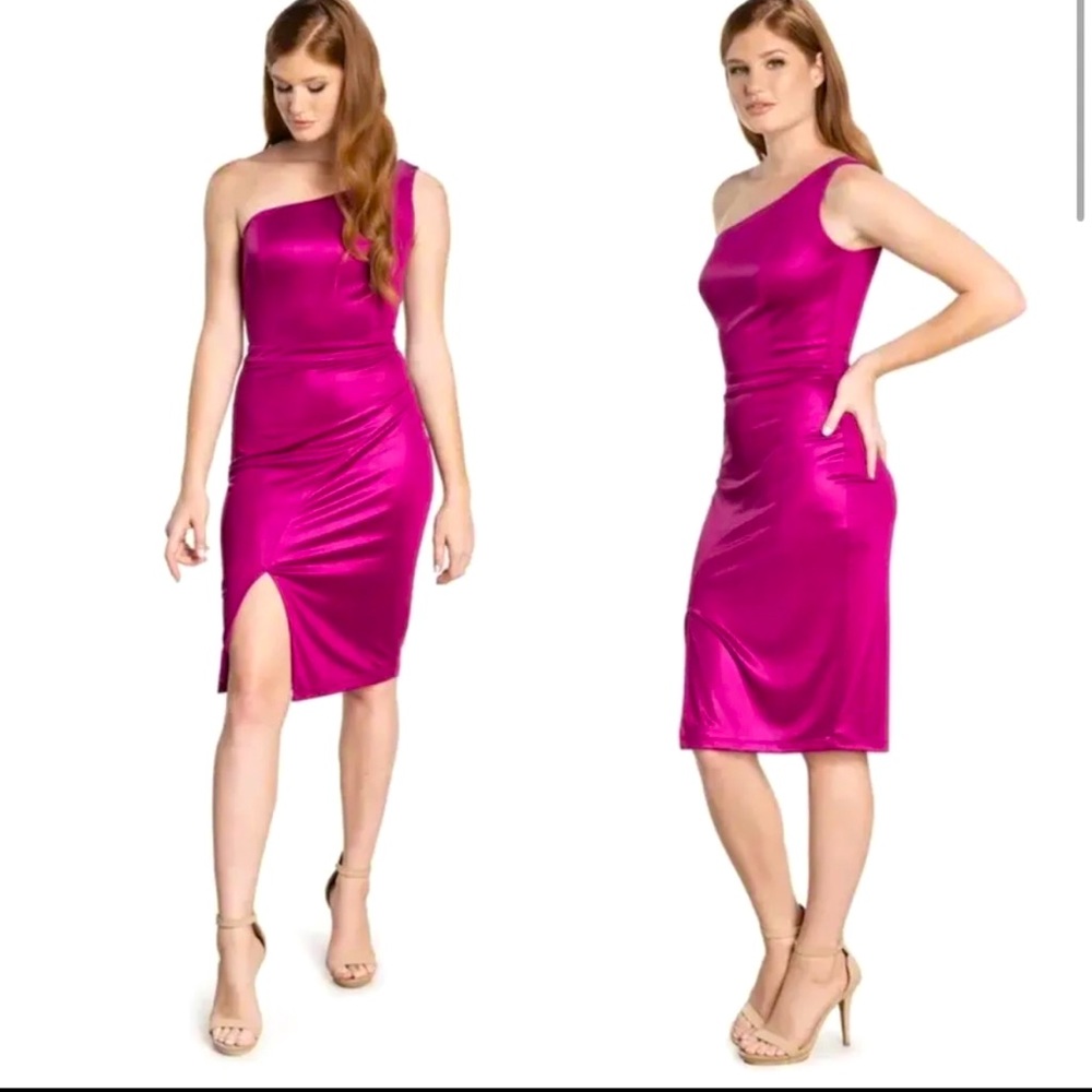 NWT Dress The Population Laia Dark Pink Magenta Metallic One Sleeve Dress Size M